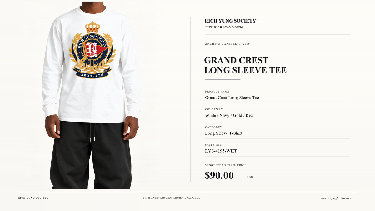 Grand Crest Long Sleeve Tee — White / Navy / Gold / Red