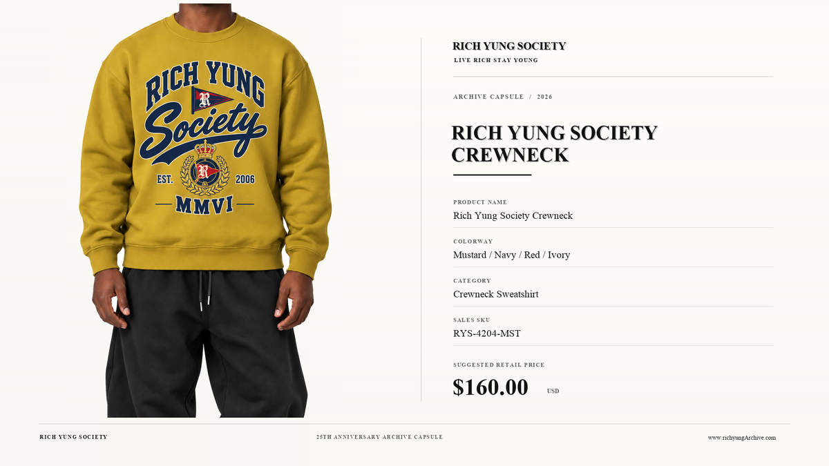Rich Yung Society Crewneck — Mustard / Navy / Red / Ivory