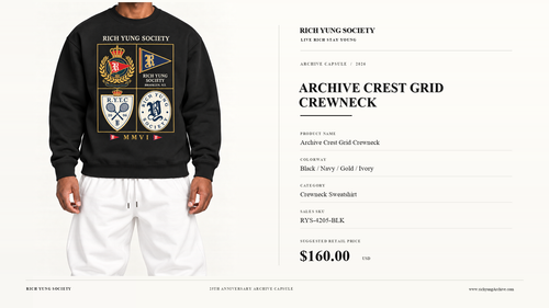 Archive Crest Grid Crewneck — Black / Navy / Gold / Ivory