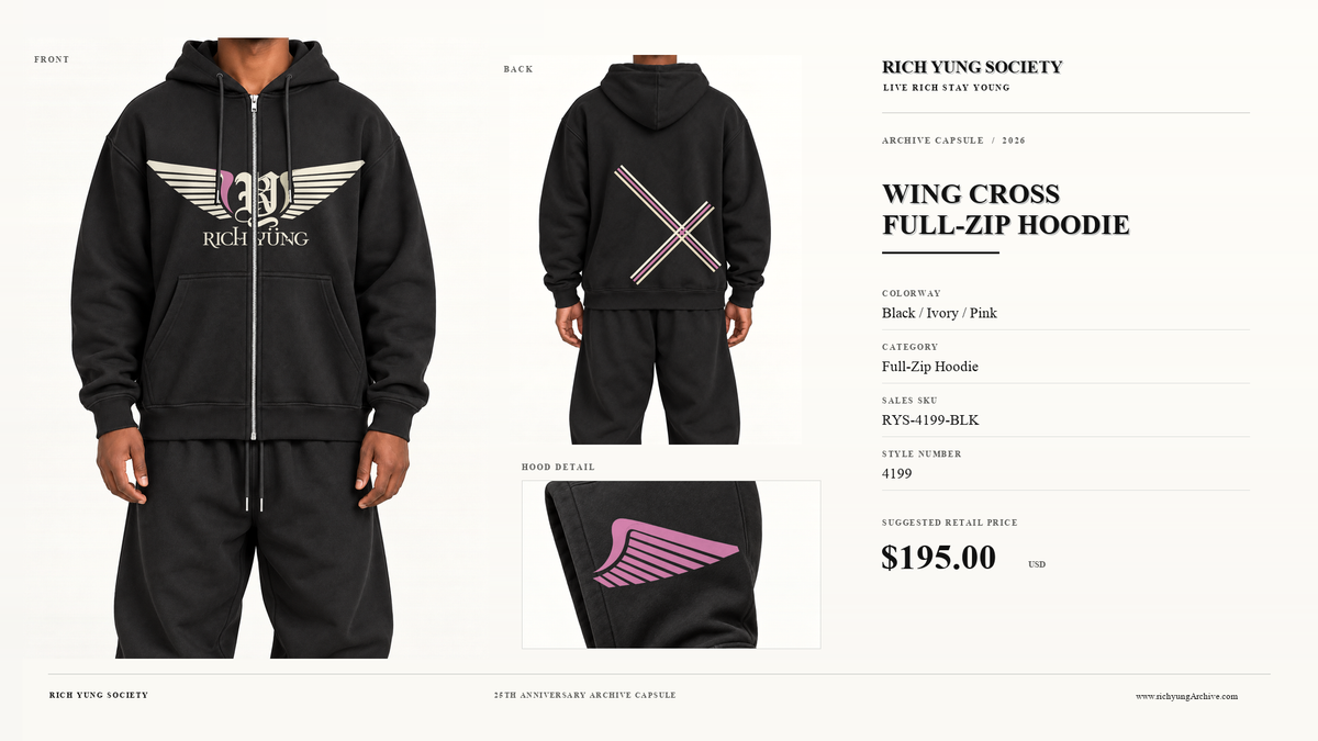 Wing Cross Full-Zip Hoodie — Black — Black / Ivory / Pink